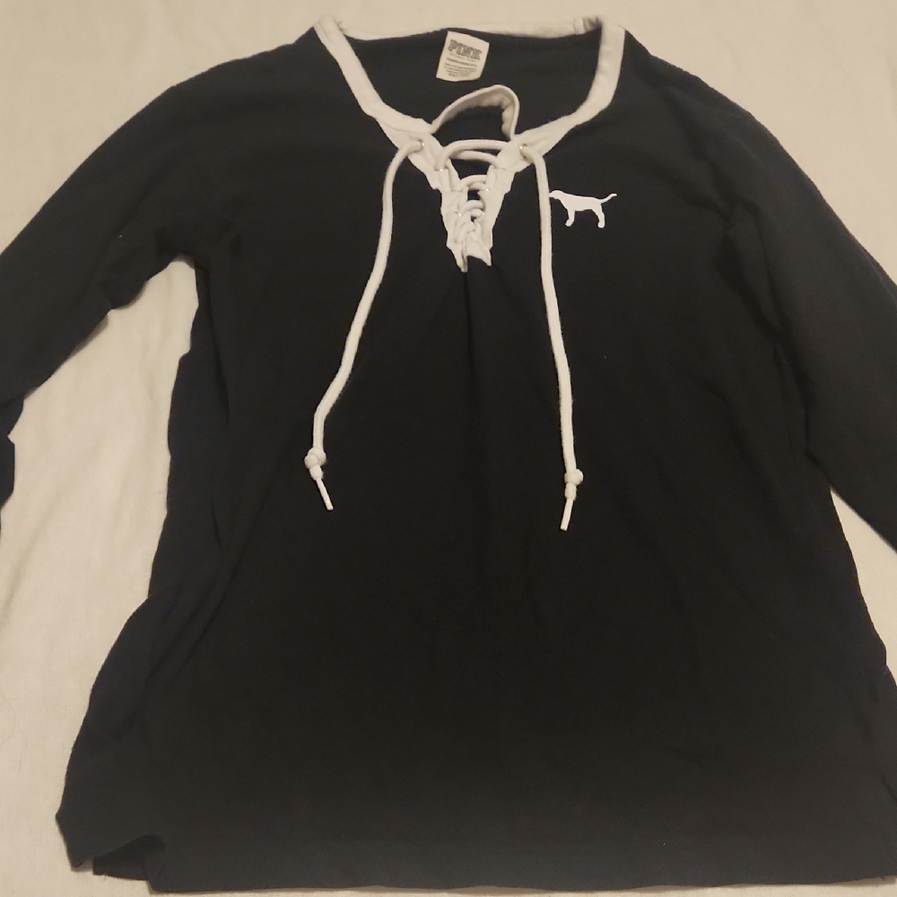 PINK Victoria's Secret Black and White Lace-Up Top